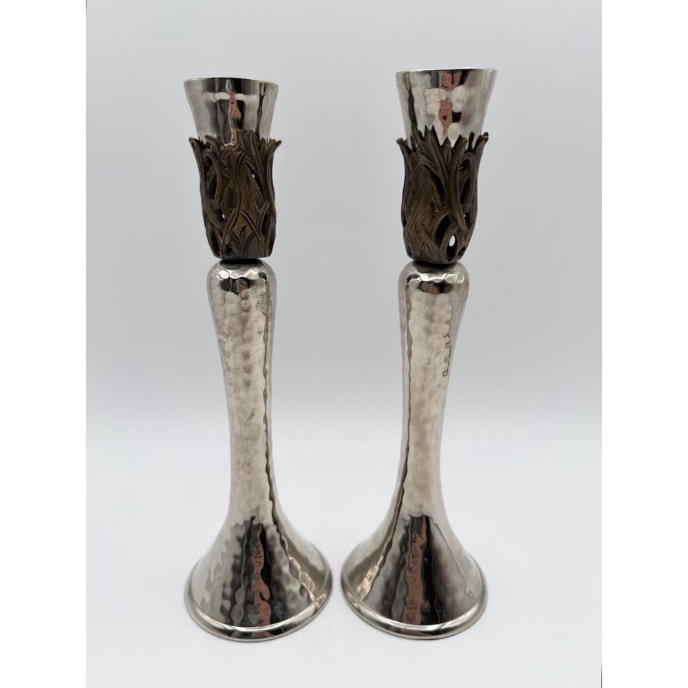 Hammered Metal Silver & Brass Candlestick Candle Holders 9” Pair Heavy Brutalist